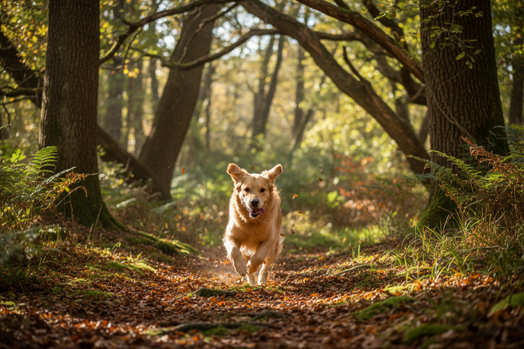 Hund rennt im Sommer Wald den Plagegeister davon